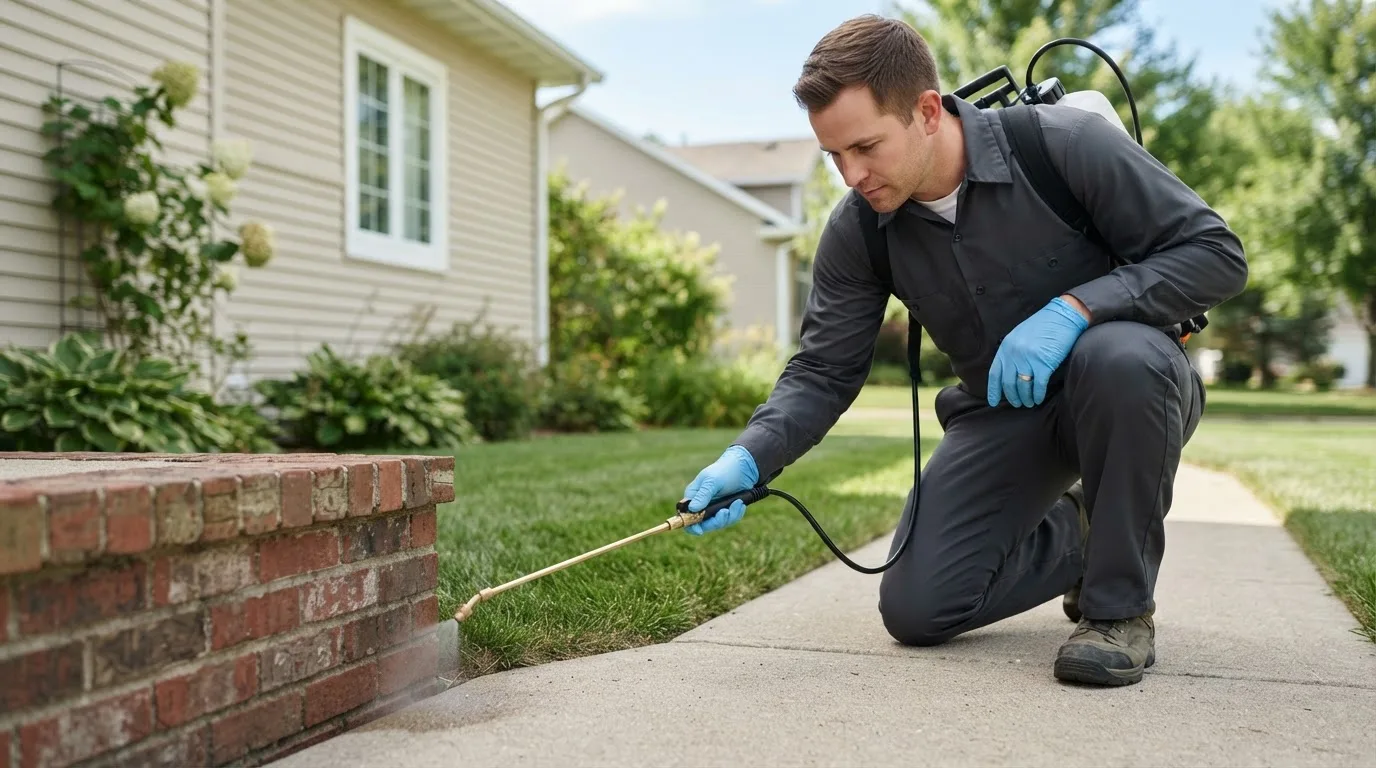 Pest control technician treating a home near Evansport, OH