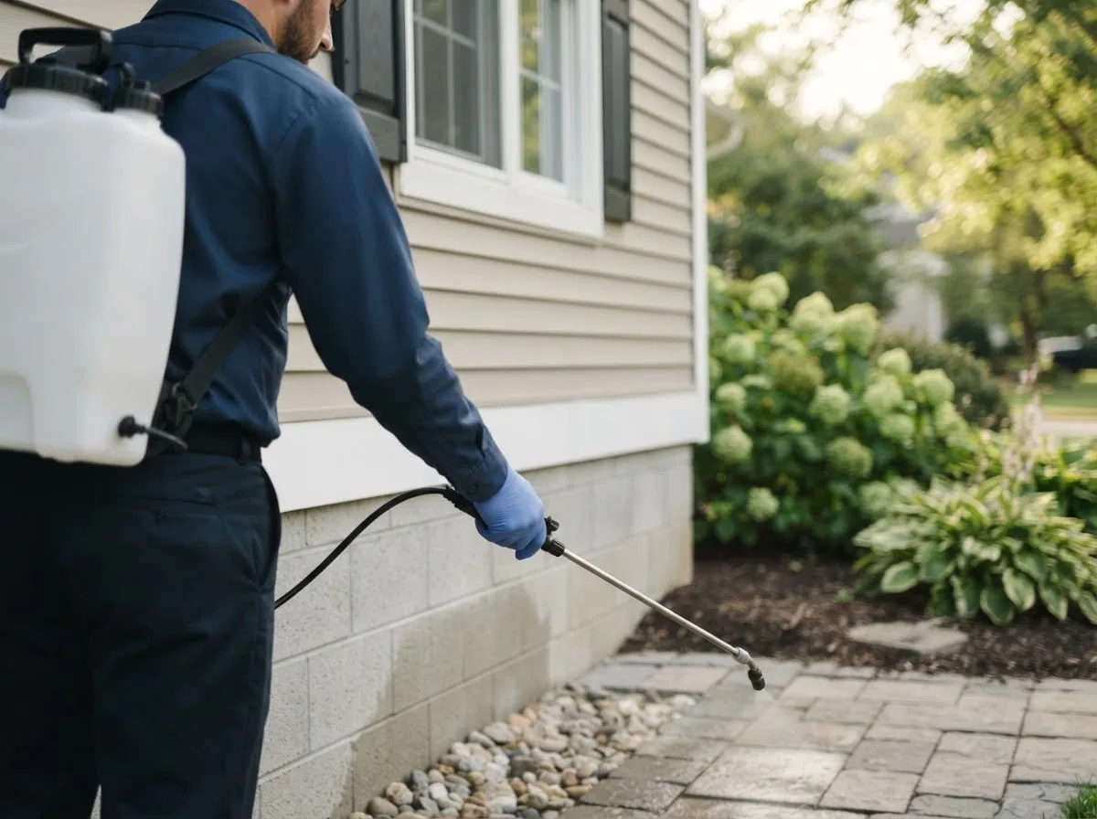 Pest control technician inspecting a home in Evansport, OH